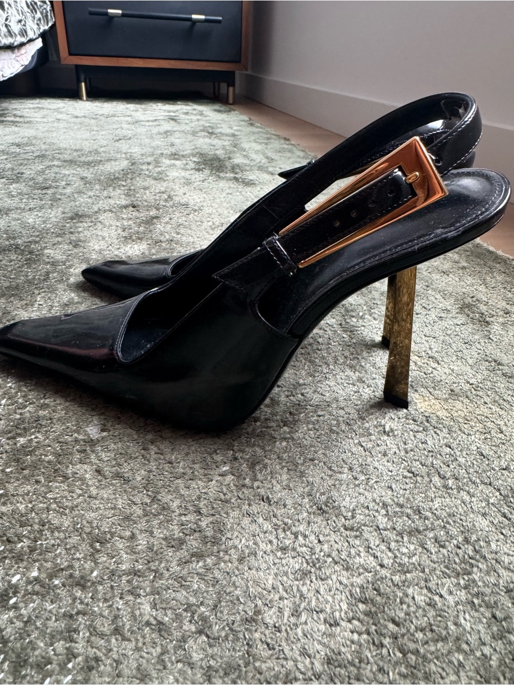 Saint Laurent Black Patent Slingback Pumps with Gold-Tone Heel - Picture 3 of 6